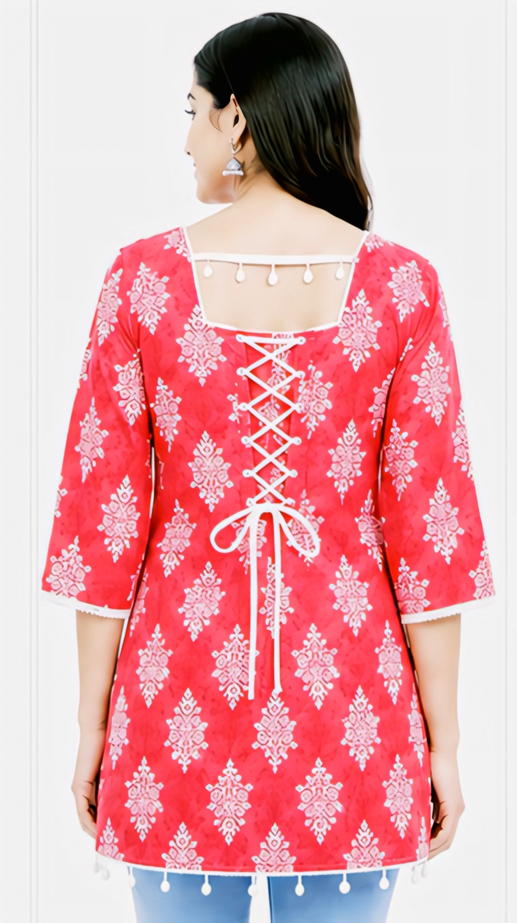 Women’s Red Floral Printed Cotton Kurti | Stylish Square Neck 3/4 Sleeve Top