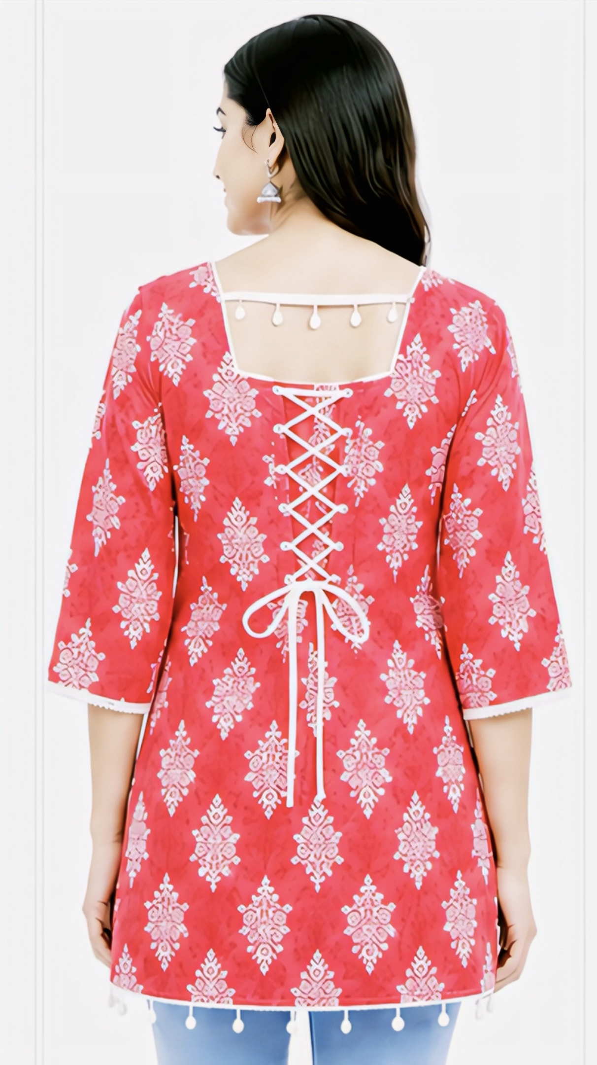 Women’s Red Floral Printed Cotton Kurti | Stylish Square Neck 3/4 Sleeve Top