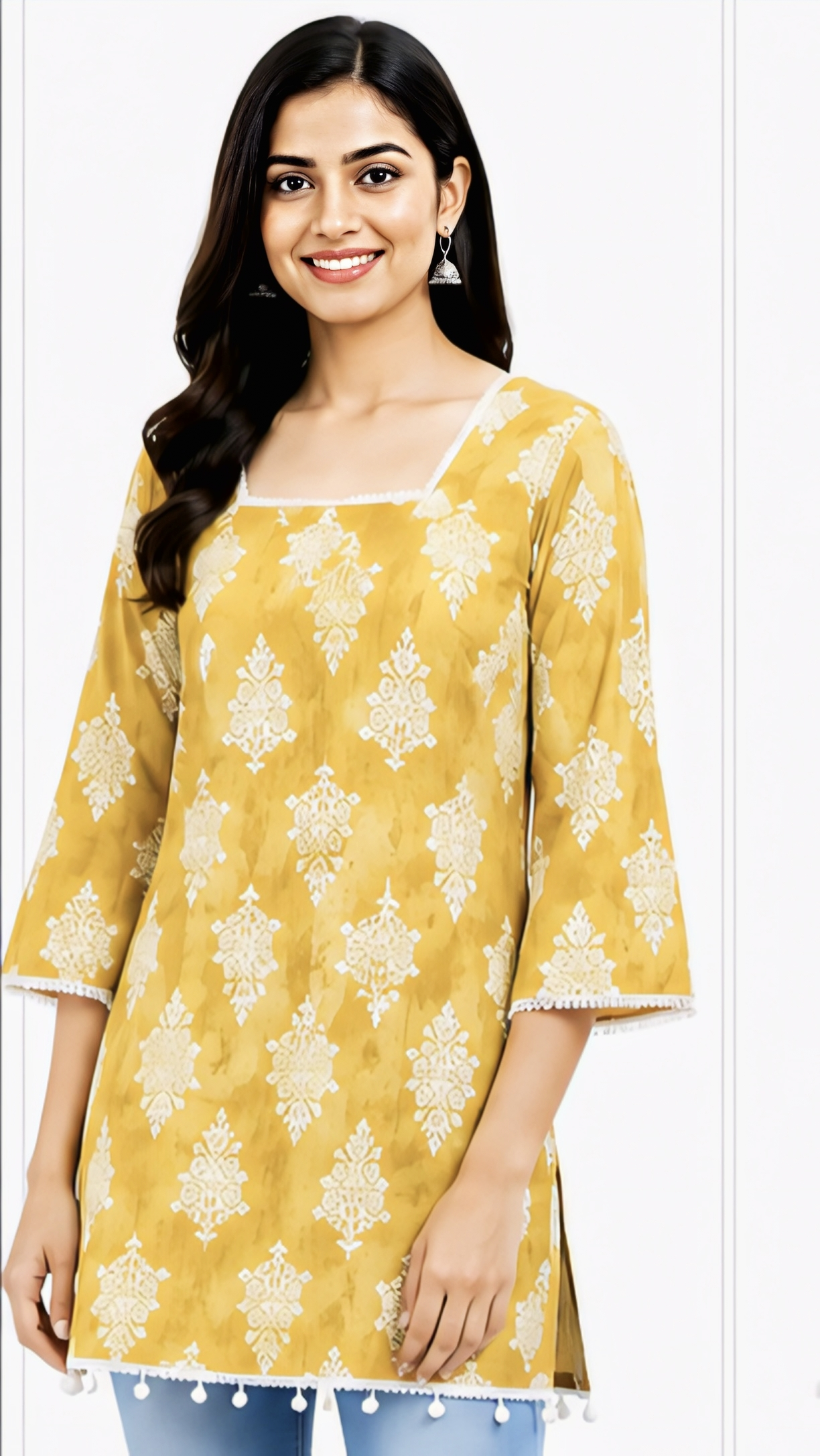 Women’s Mustard Yellow Printed Cotton Kurti | Free Size 3/4 Sleeve Casual Kurta