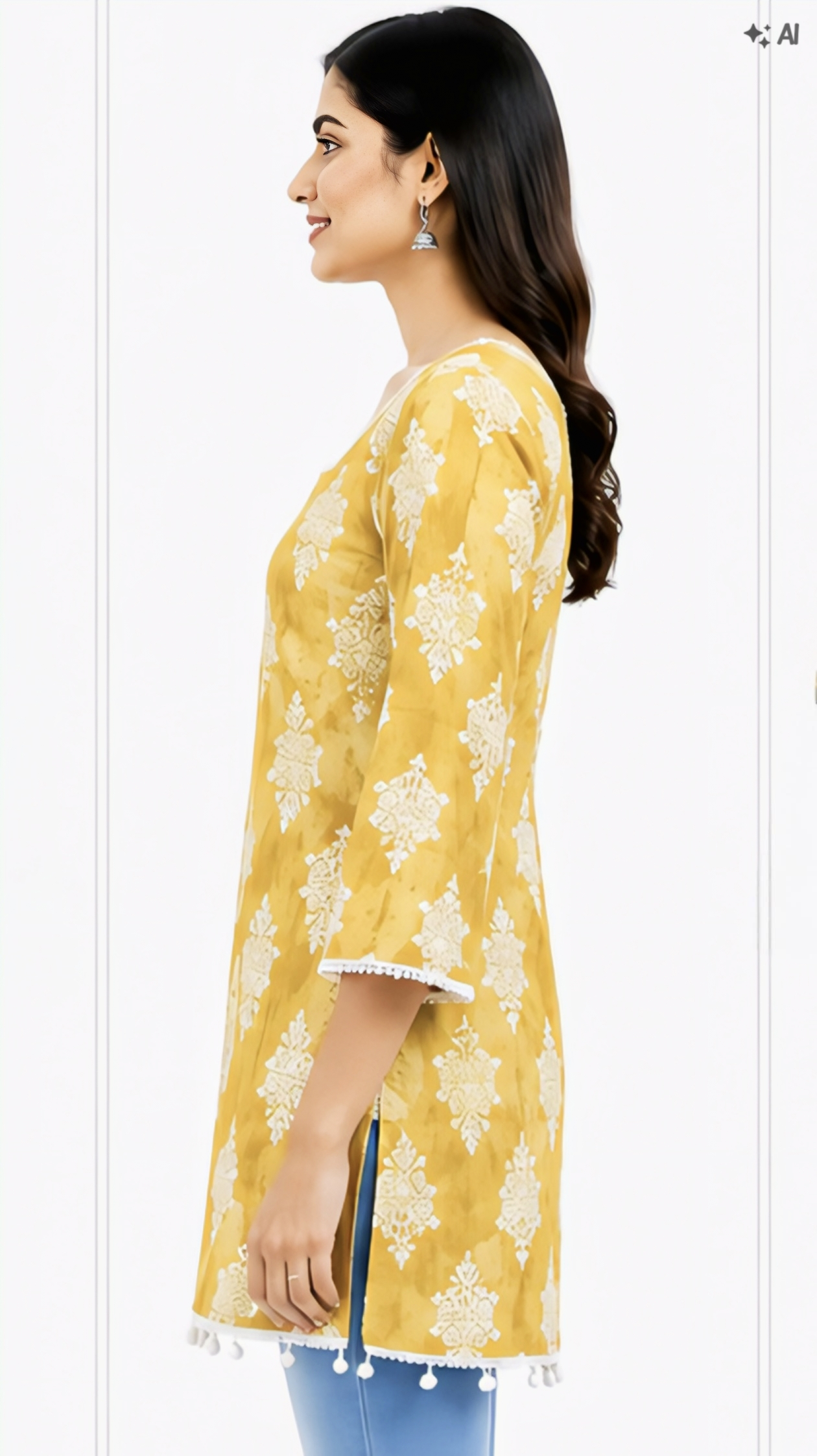 Women’s Mustard Yellow Printed Cotton Kurti | Free Size 3/4 Sleeve Casual Kurta