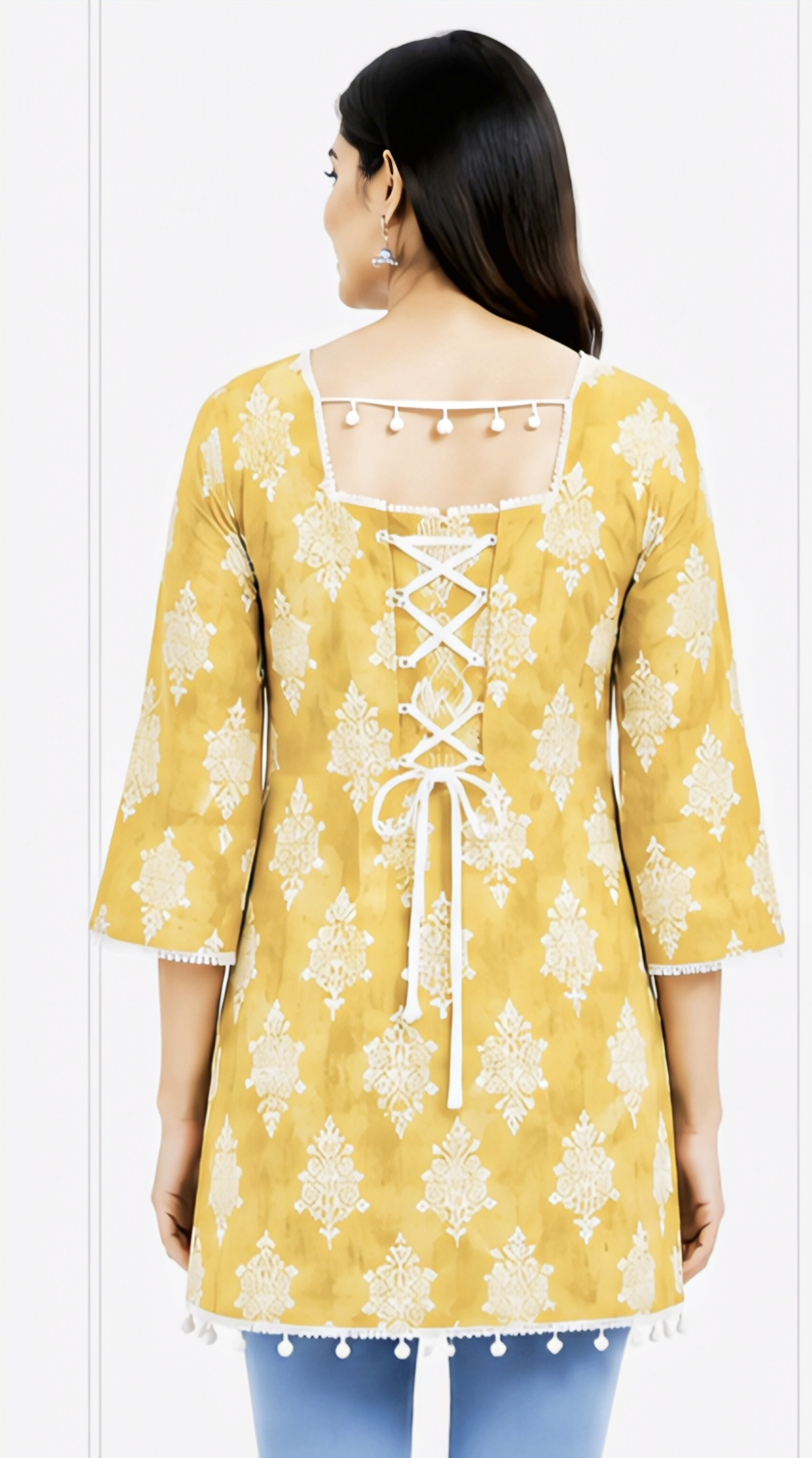 Women’s Mustard Yellow Printed Cotton Kurti | Free Size 3/4 Sleeve Casual Kurta