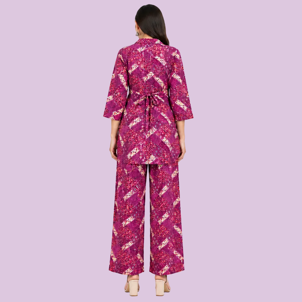 Women’s Magenta Printed Co-Ord Set – Stylish Shirt & Wide-Leg Pants