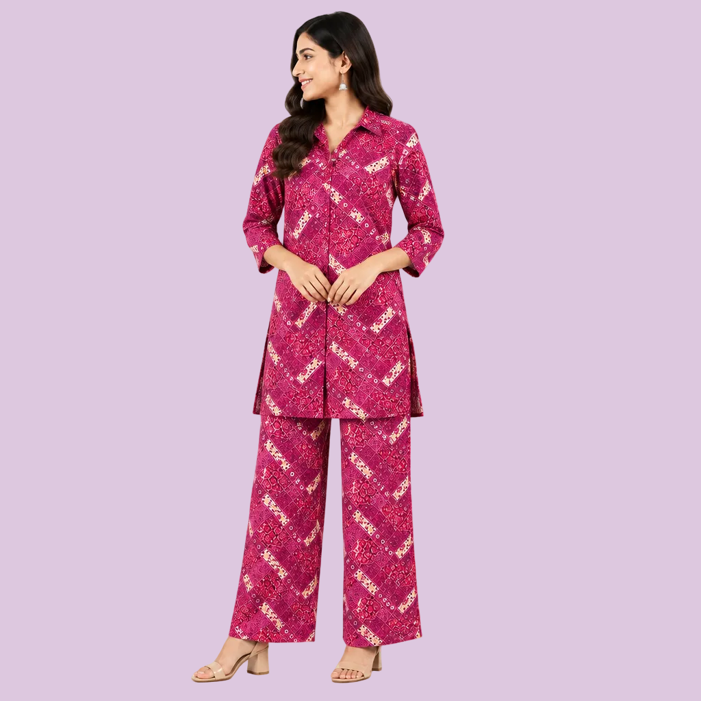Women’s Magenta Printed Co-Ord Set – Stylish Shirt & Wide-Leg Pants