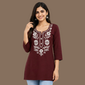Women's Maroon Cotton Embroidered Short Kurti with White Floral Embroidery, Free Size Casual Daily Wear Tunic Top