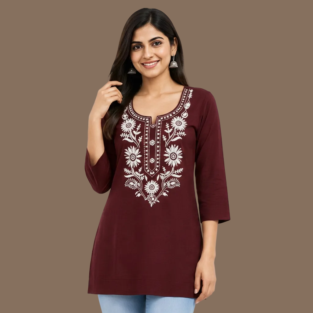Women's Maroon Cotton Embroidered Short Kurti with White Floral Embroidery, Free Size Casual Daily Wear Tunic Top