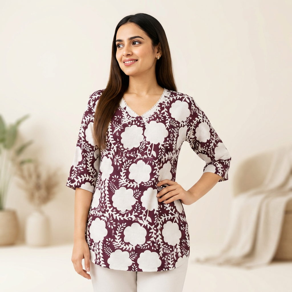 Women's maroon and white floral printed cotton free size short kurti with V-neck and 3/4 sleeves