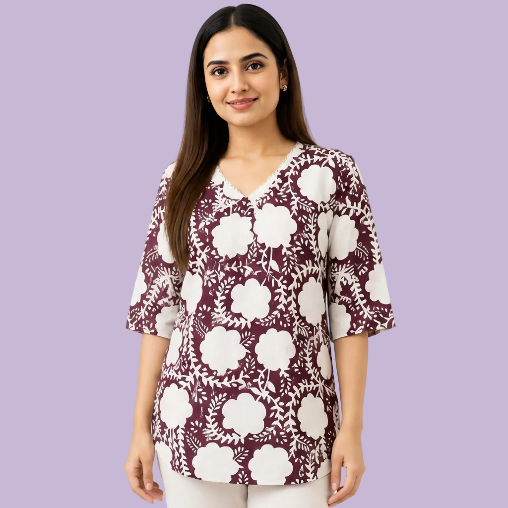 Women wearing a maroon floral printed cotton tunic top with V-neck and 3/4 sleeves, free size