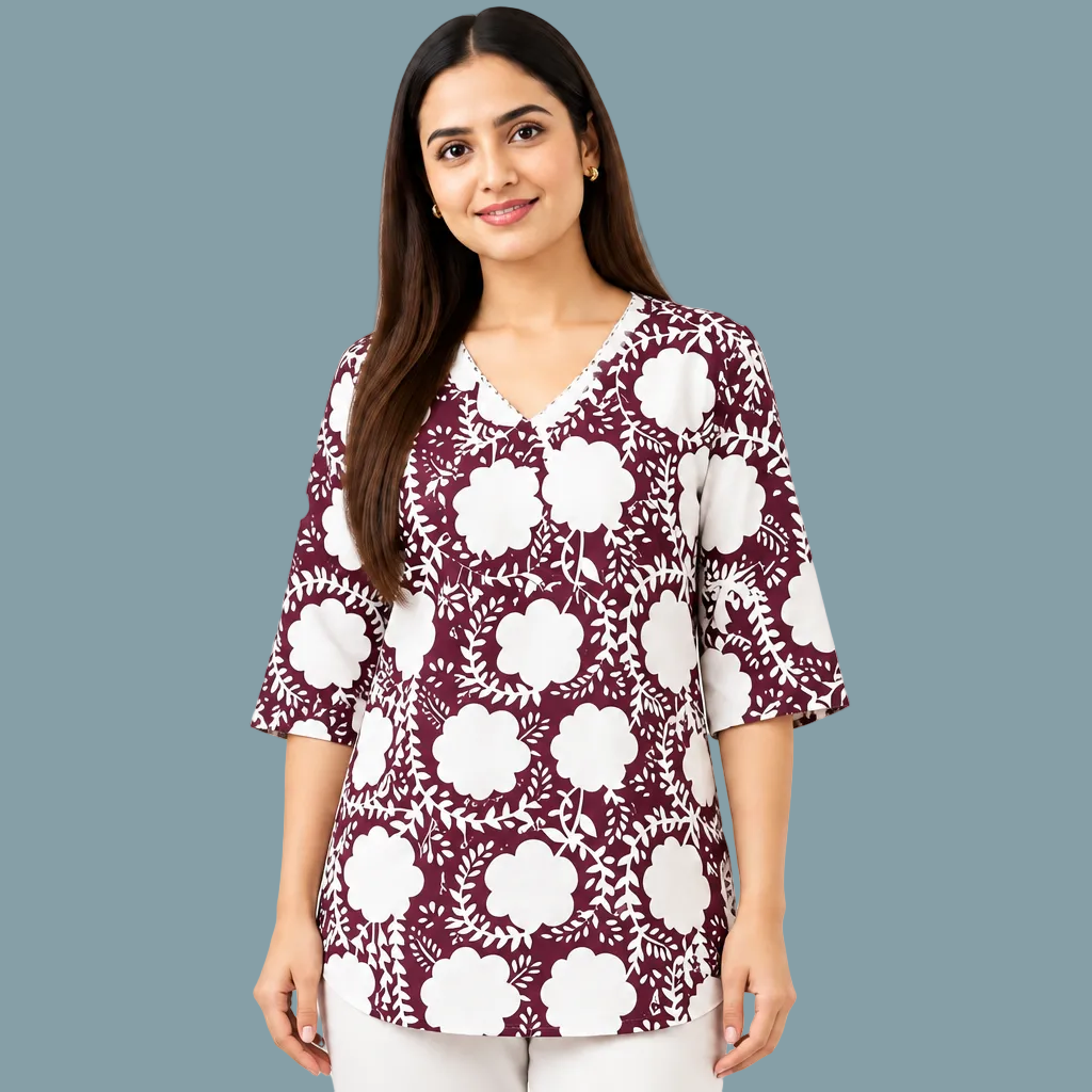 Women wearing a maroon floral printed cotton tunic top with V-neck and 3/4 sleeves, free size