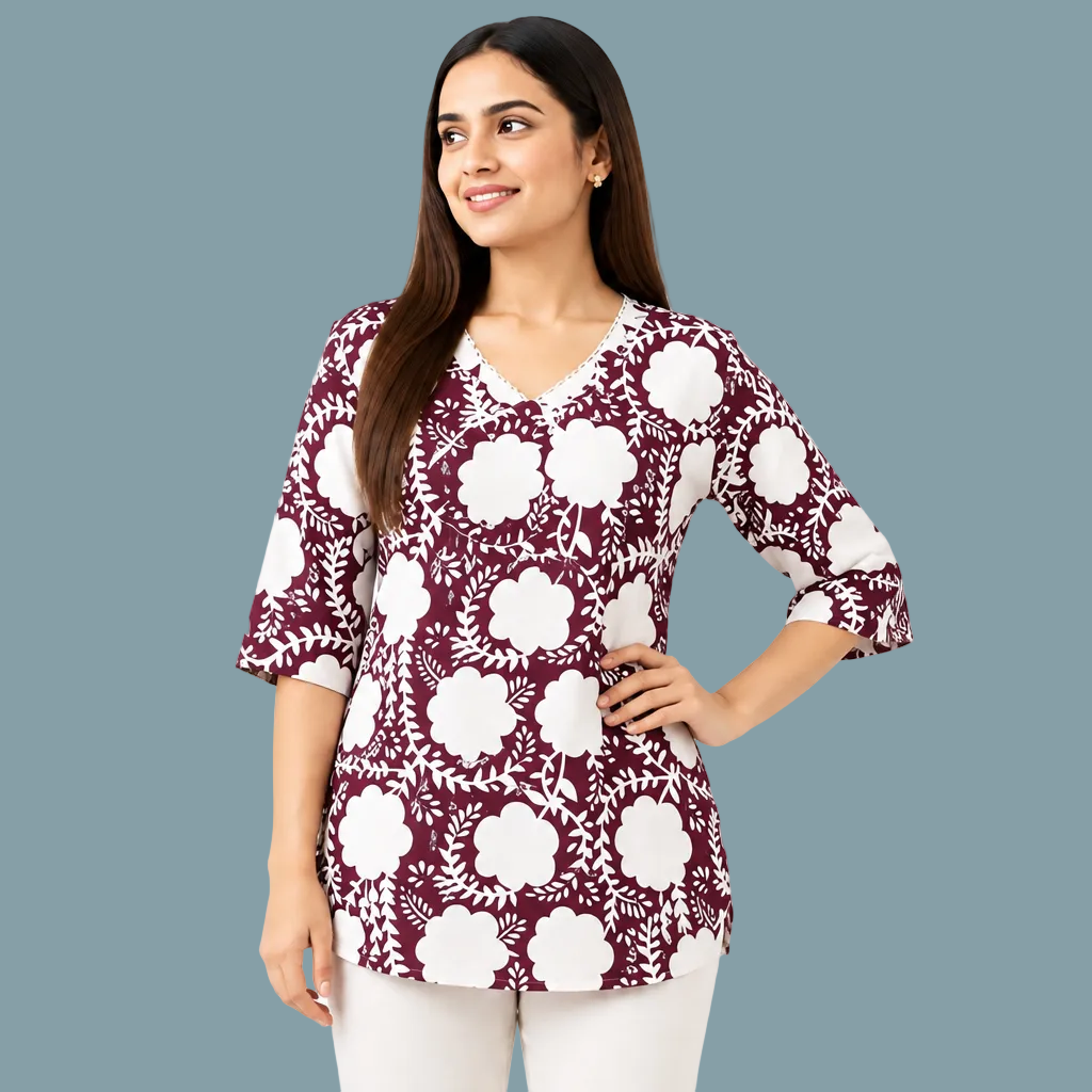 Women's maroon and white floral printed cotton free size short kurti with V-neck and 3/4 sleeves
