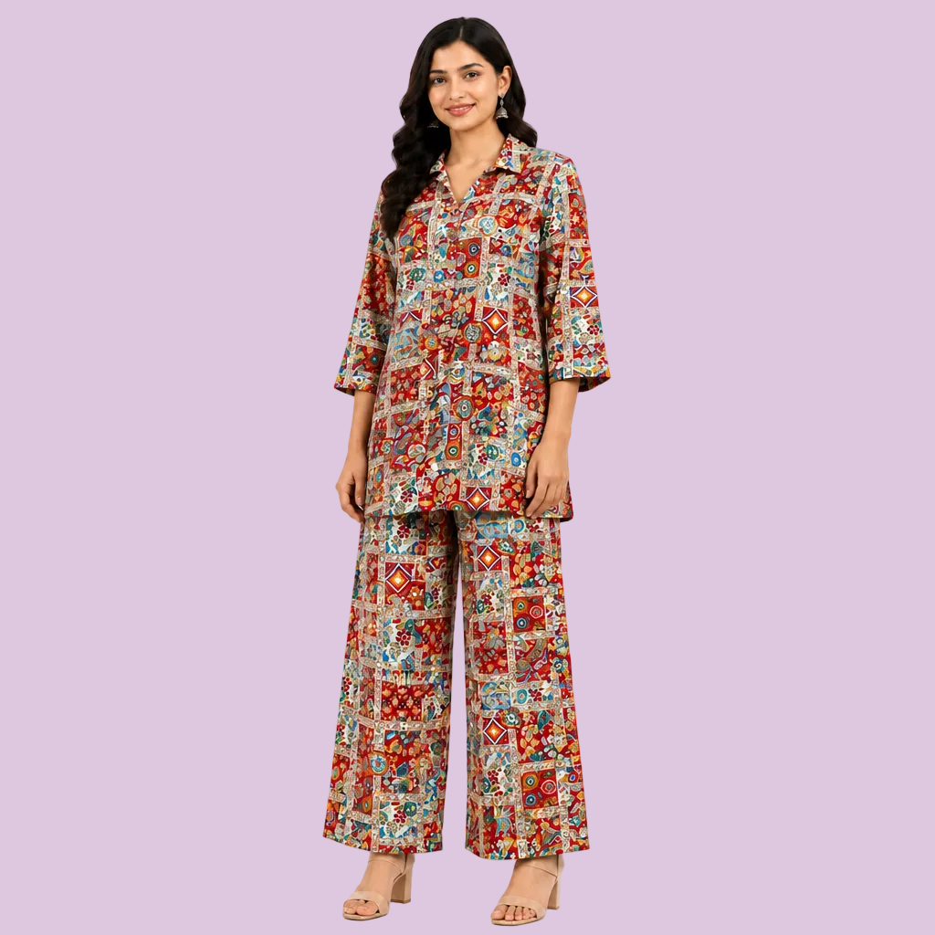 A woman modeling a matching two-piece pajama set with a colorful geometric patchwork print, featuring a long-sleeve button-up top and wide-leg pants, set against a plain white background.