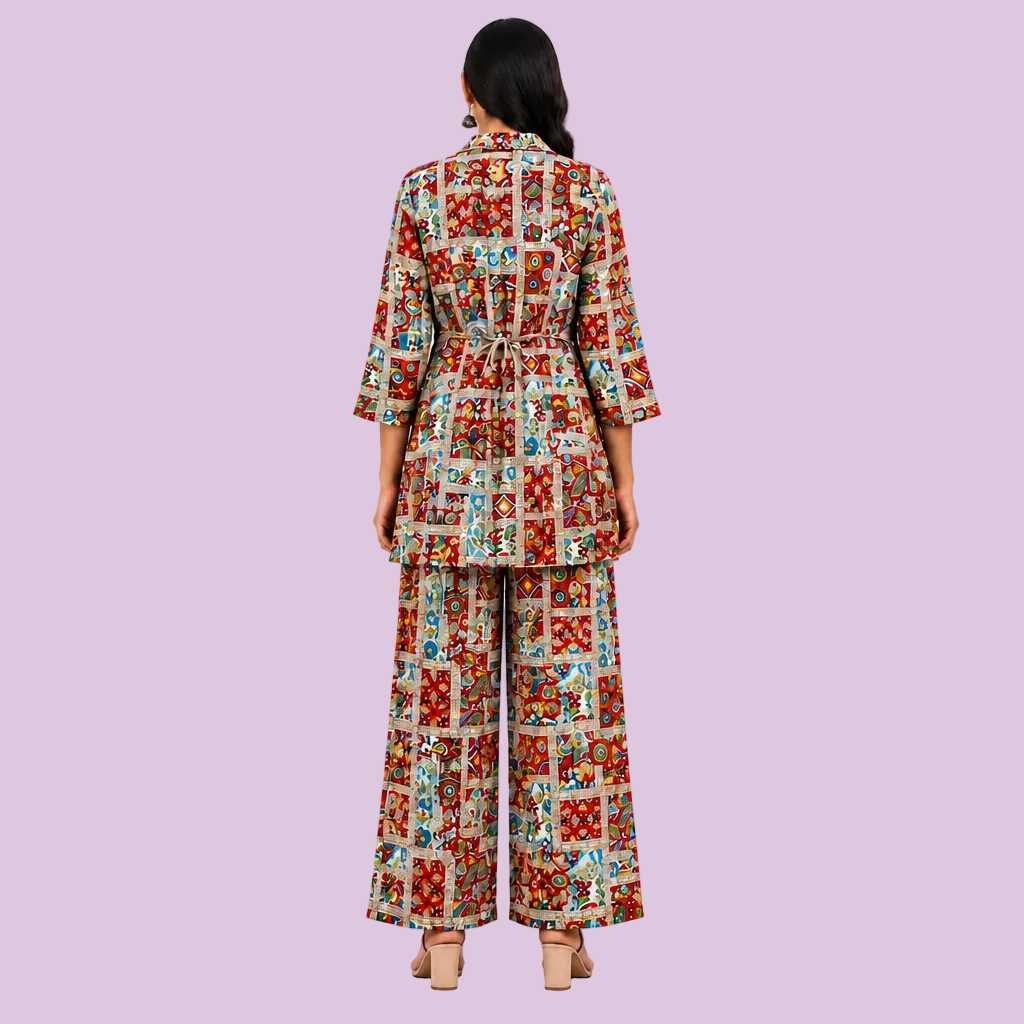 A woman viewed from the back wearing a matching two-piece outfit with a colorful patchwork print. The set includes a long-sleeve belted jacket and wide-leg trousers, shown against a plain white studio background.
