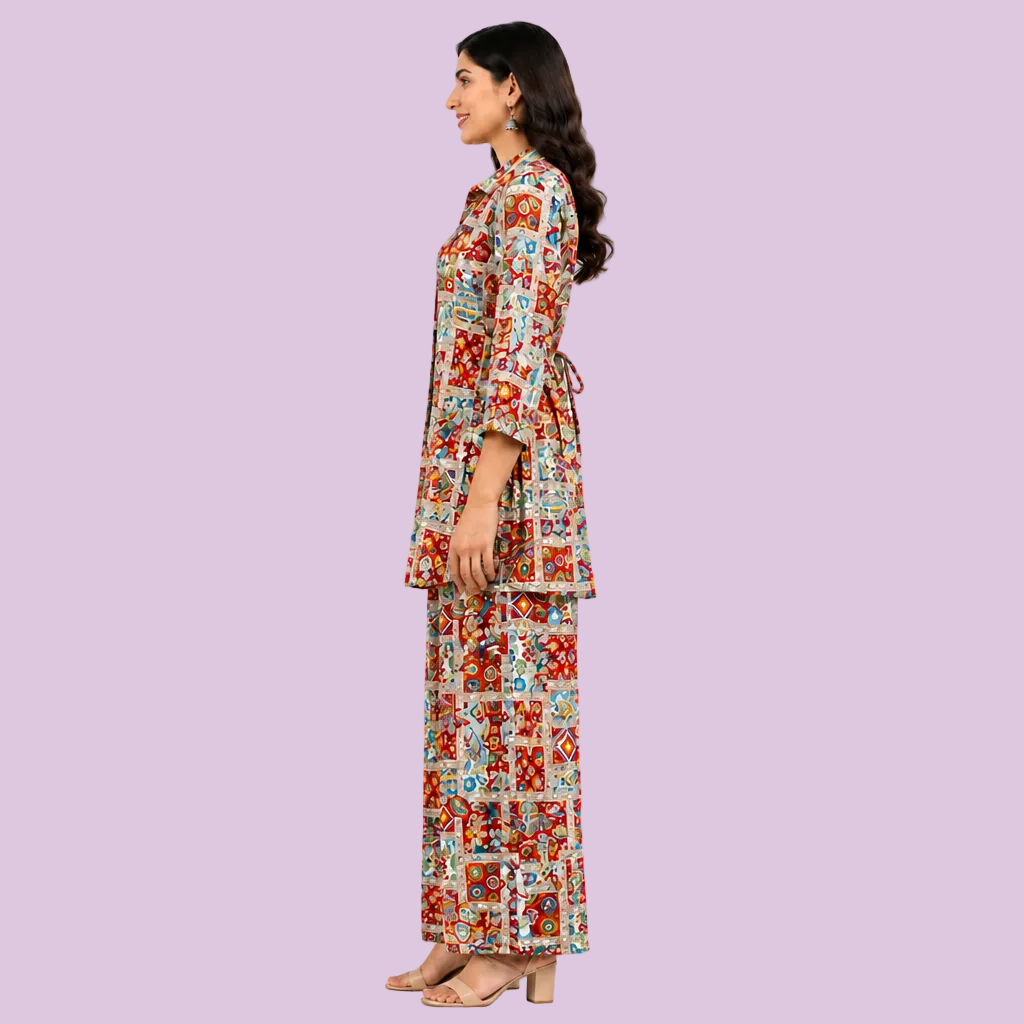 A woman shown in profile wearing a matching two-piece printed outfit with a long-sleeve top and wide-leg pants, photographed against a plain white studio background.