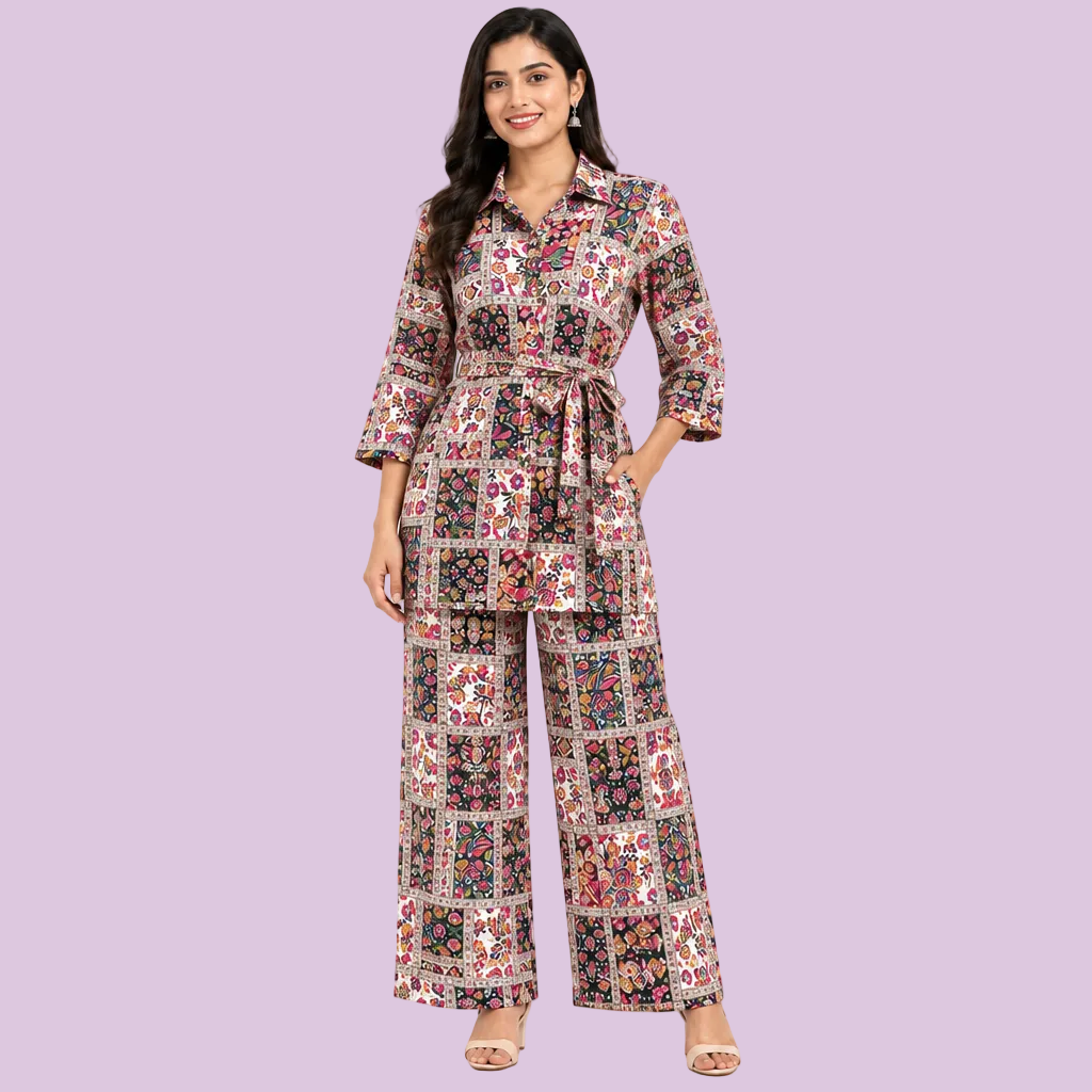 Women’s multicolor printed co-ord set with 3/4 sleeve tie-waist top and wide-leg pants
