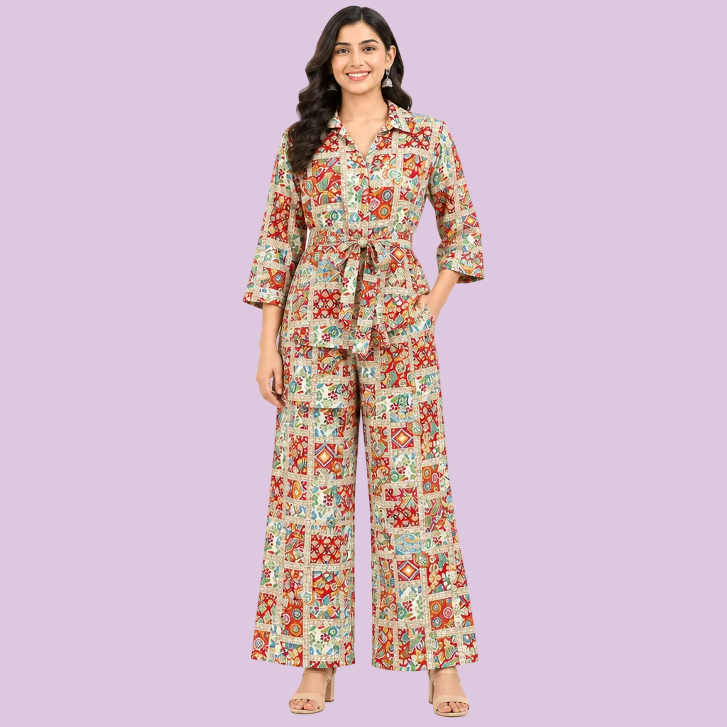 Women’s multicolor printed co-ord set with collared 3/4 sleeve tie-waist top and wide-leg pants