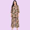 Women’s multicolor printed co-ord set with collared tie-waist top and matching wide-leg pants