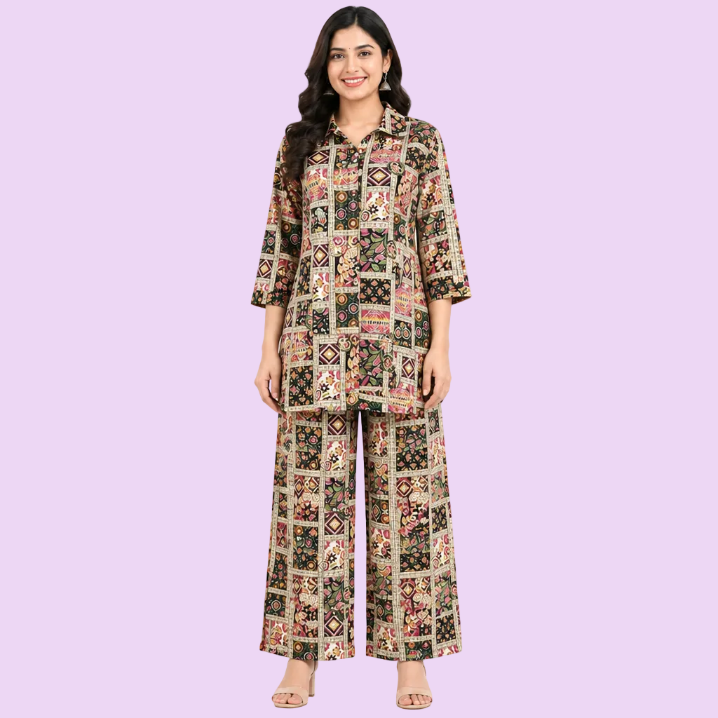 Women’s multicolor printed co-ord set with collared tie-waist top and matching wide-leg pants