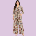 Women’s multicolor printed co-ord set with 3/4 sleeve tie-waist top and wide-leg pants