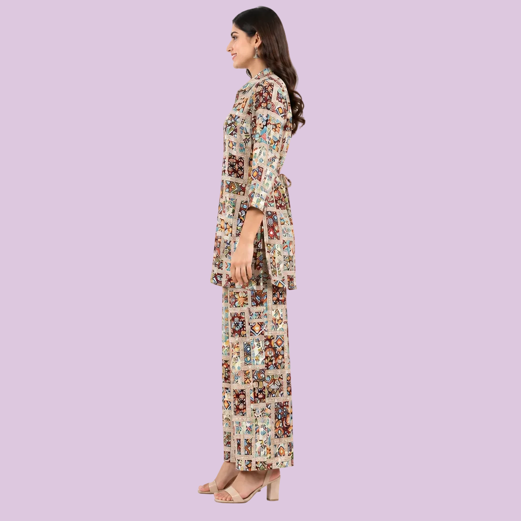 Women’s Multicolor Printed Co-Ord Set with Tie-Waist Top & Wide-Leg Pants