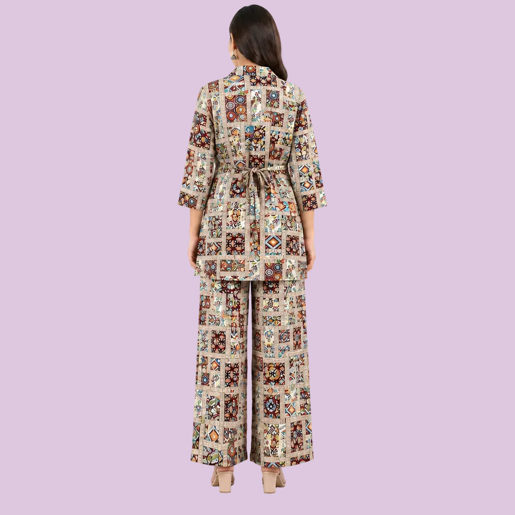 Women’s Multicolor Printed Co-Ord Set with Tie-Waist Top & Wide-Leg Pants