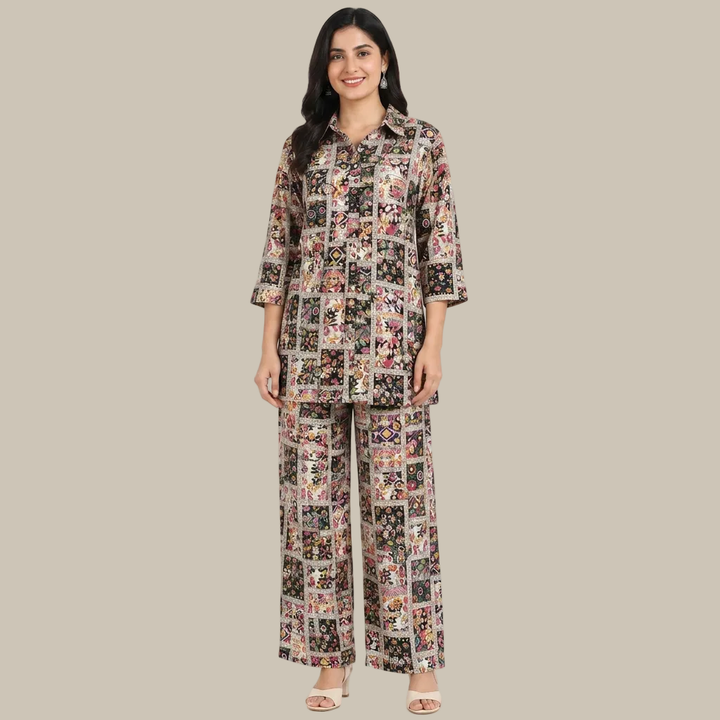 Multicolor printed kurta pant set for women with collared 3/4 sleeve top and matching straight-leg pants
