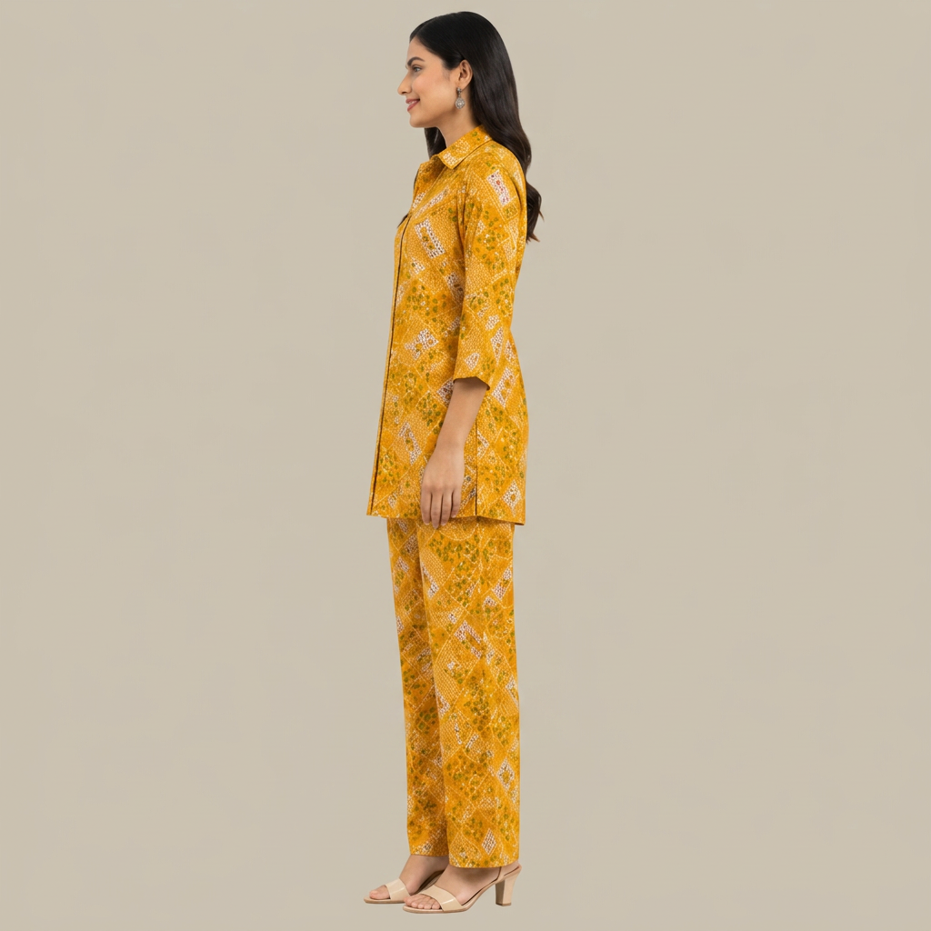A woman modeling a matching two-piece kurta set in mustard yellow with a white and orange floral print, shown in profile against a plain white background.