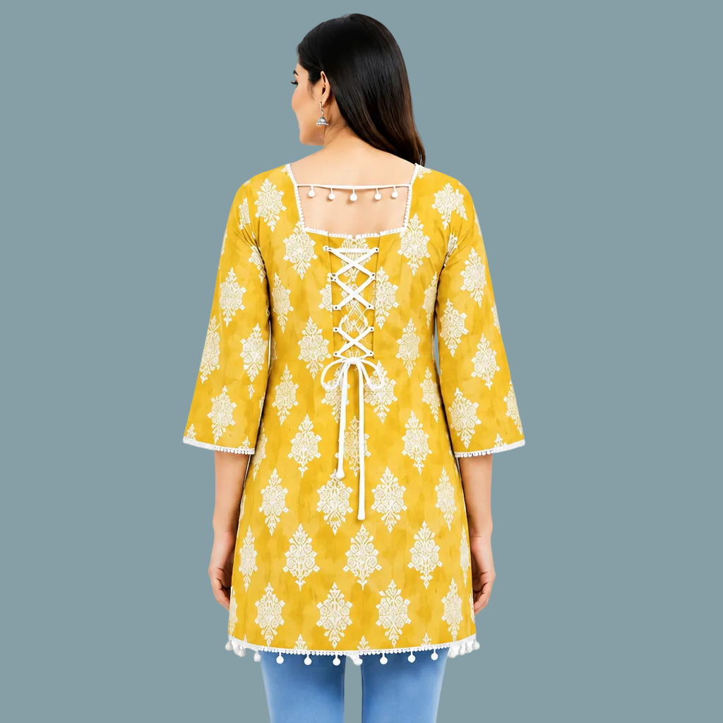 Women’s Mustard Yellow Printed Kurti with Floral Pattern