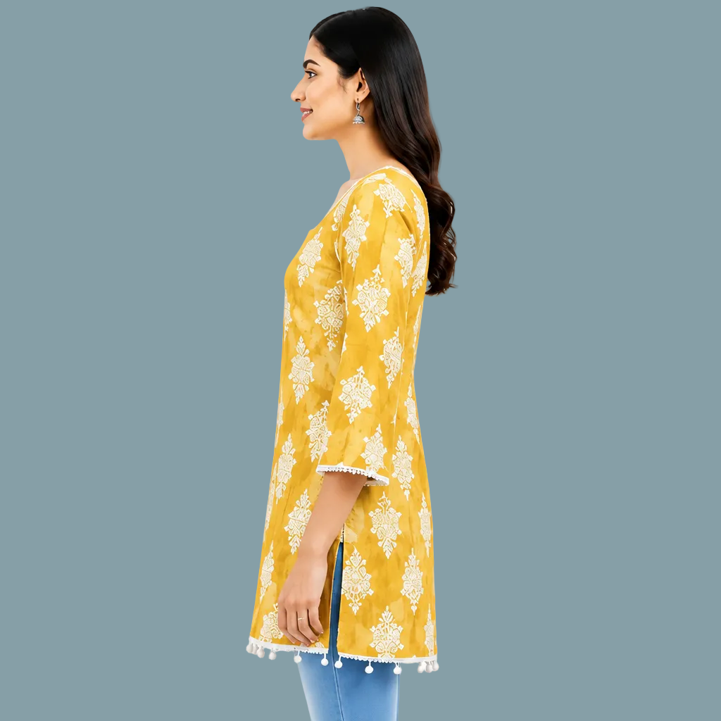 Women’s Mustard Yellow Printed Kurti with Floral Pattern