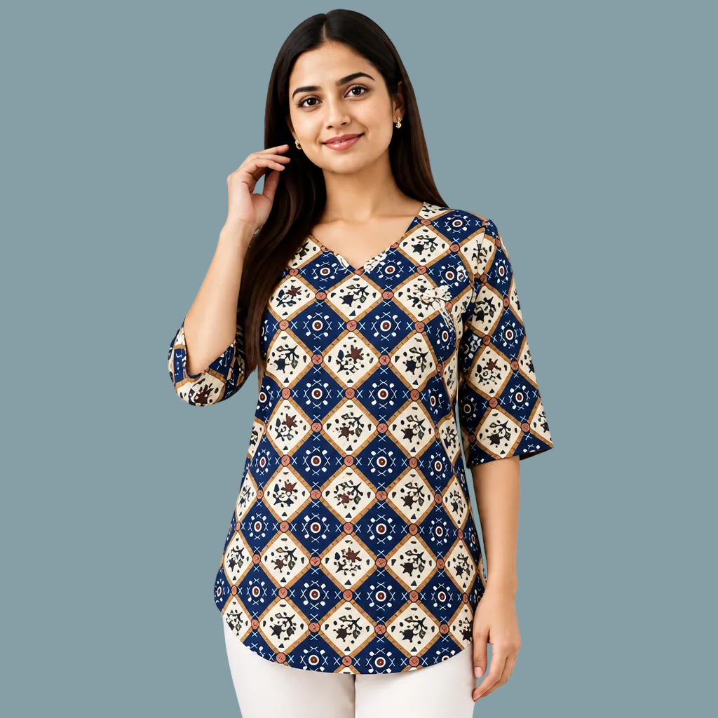 Women wearing a navy blue printed cotton tunic top with geometric pattern, V-neck and free-size fit