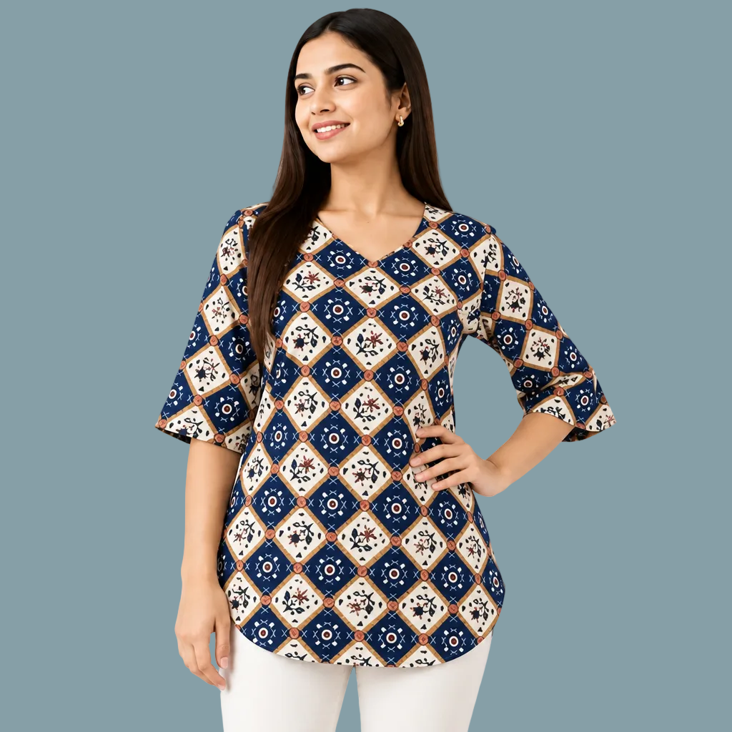 Women’s Navy Blue Printed Tunic Top – Geometric Diamond Pattern