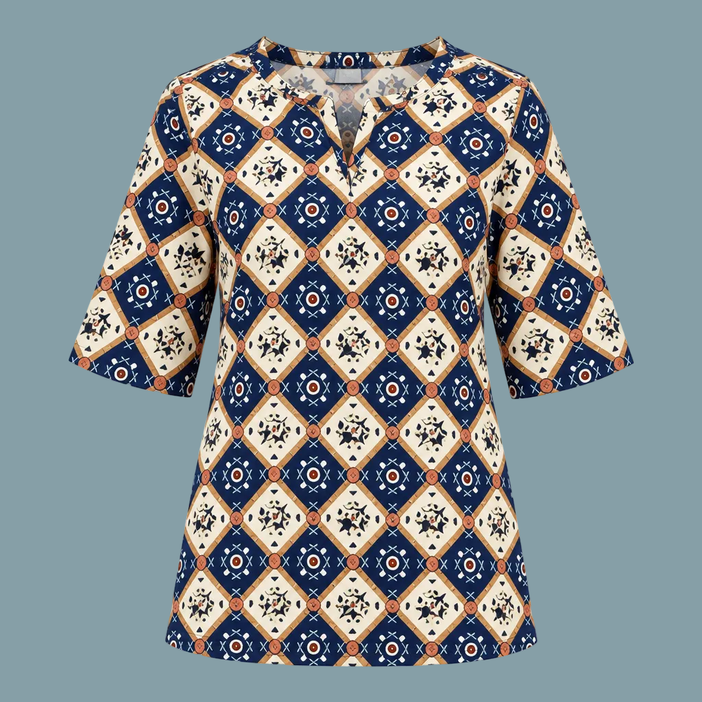 Women’s Navy Blue Printed Tunic Top – Geometric Diamond Pattern