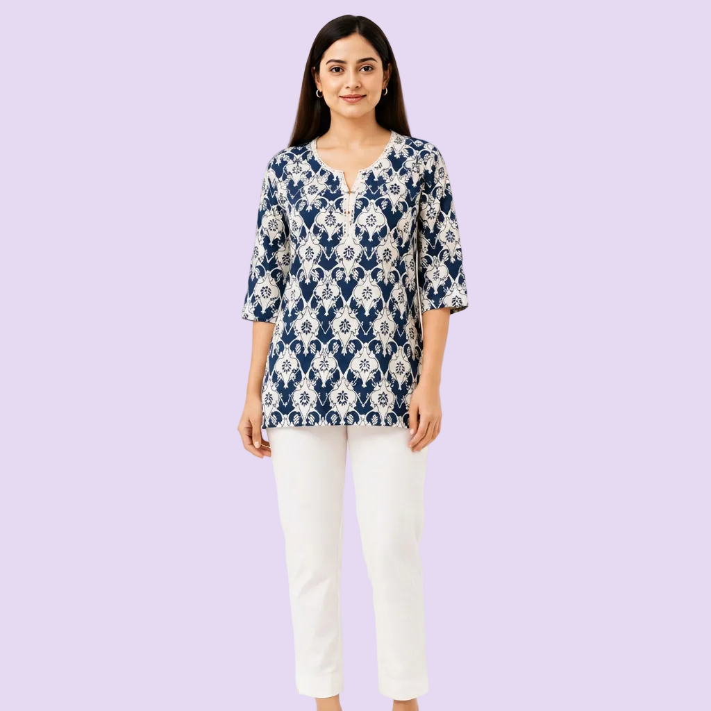 Women's Navy Blue Floral Printed Cotton Short Kurti with Split Round Neck, Free Size Casual Daily Wear Tunic Top
