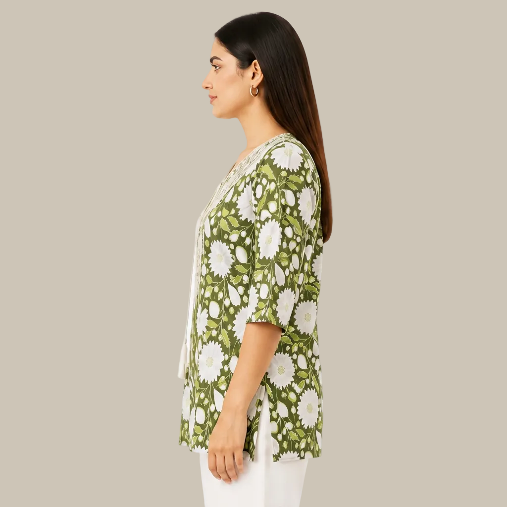 Women's Olive Green Floral Printed Cotton Short Kurti with Embroidered Yoke and Tassel Neck, Free Size Casual Daily Wear Tunic Top