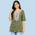 Women’s olive green floral printed kurti with 3/4 sleeves and decorative neckline