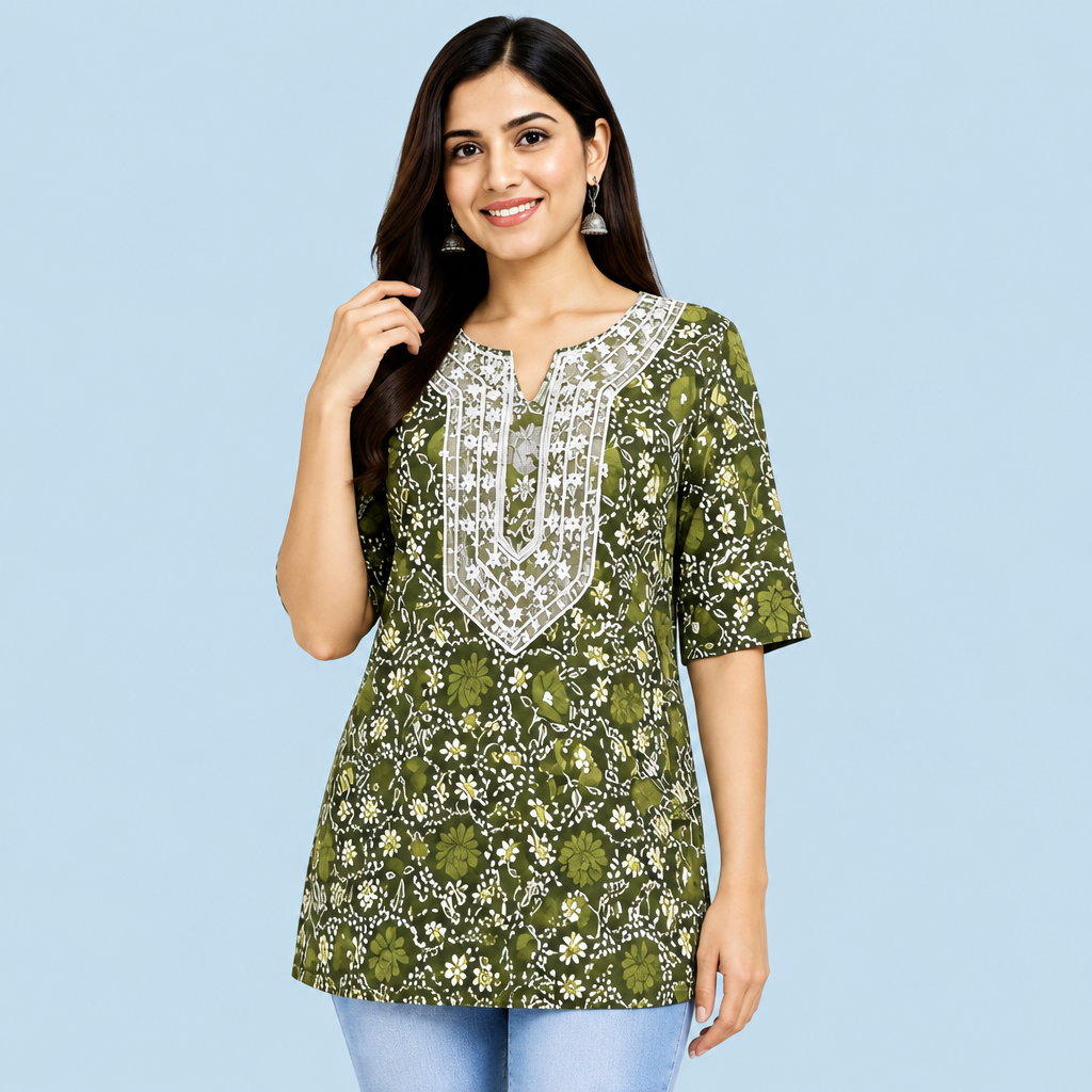 Women’s olive green floral printed kurti with 3/4 sleeves and decorative neckline