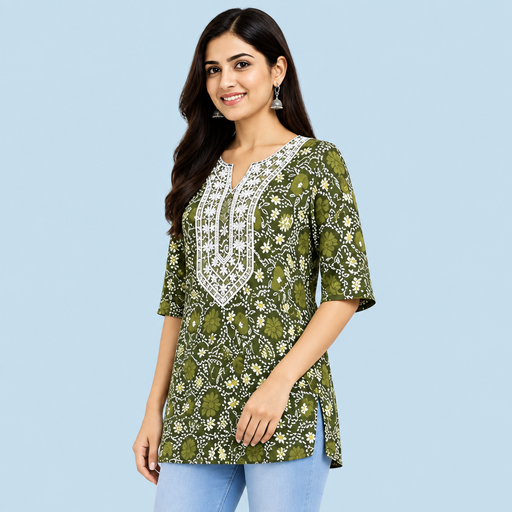 Women's Olive Green Floral Printed Tunic Top with Embroidered-Style Neckline