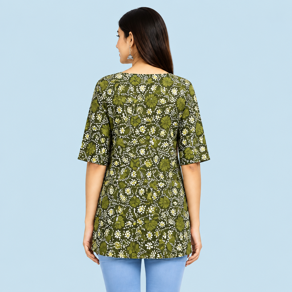 Women's Olive Green Floral Printed Tunic Top with Embroidered-Style Neckline