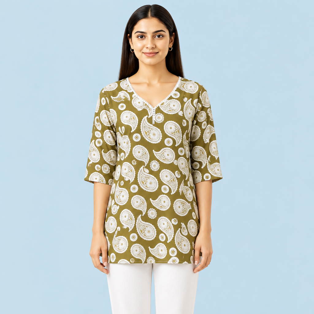 Women's Olive Green Paisley Printed Tunic Top