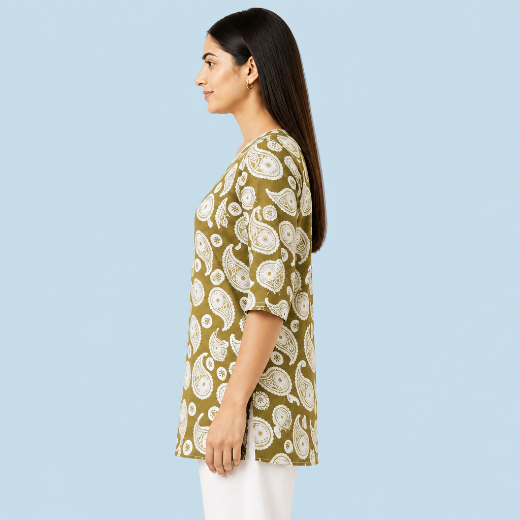 Women's Olive Green Paisley Printed Tunic Top