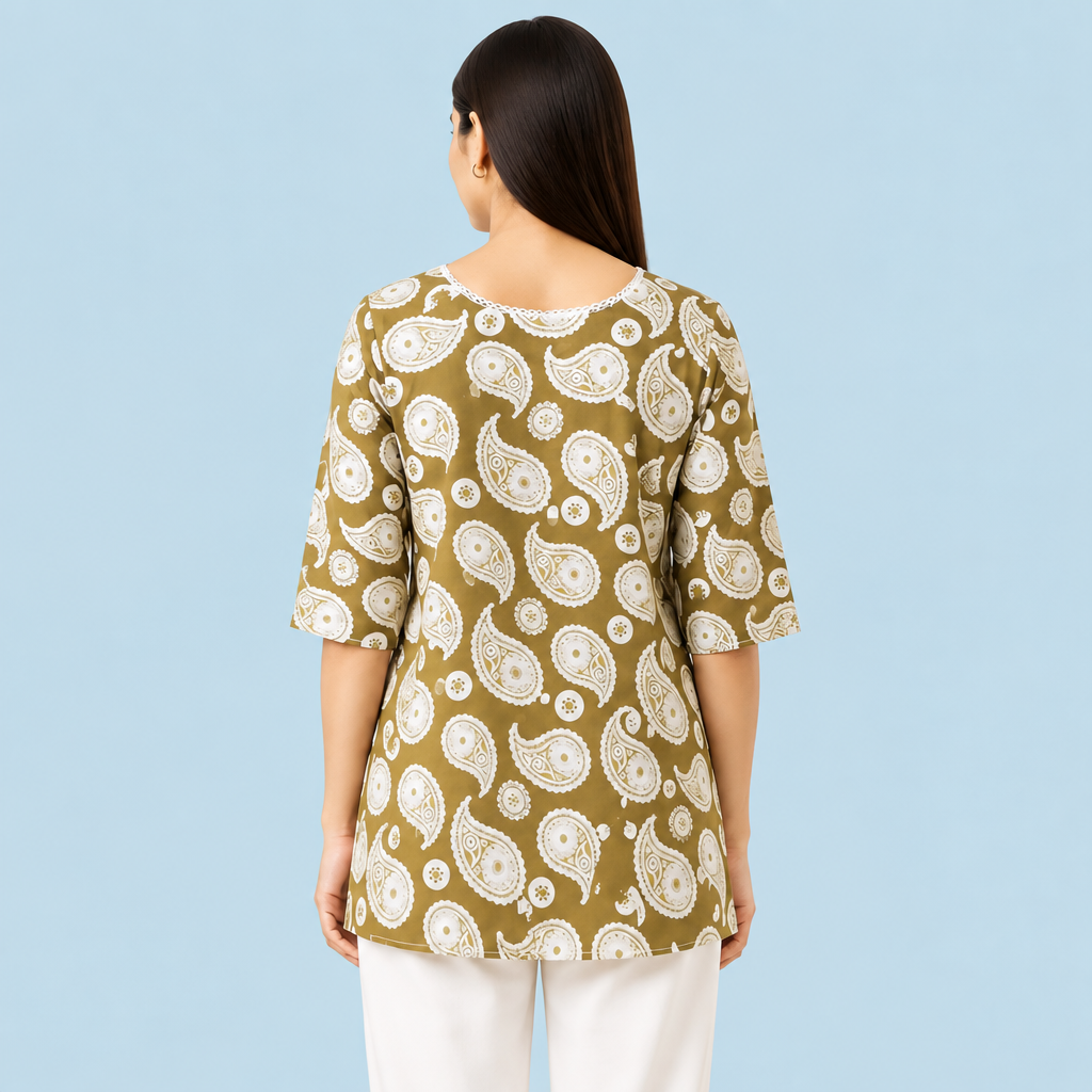 Women's Olive Green Paisley Printed Tunic Top