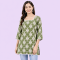 Women’s Sage Green Printed Cotton Kurti | Free Size 3/4 Sleeve Casual KurtaWomen’s Sage Green Printed Cotton Kurti | Free Size 3/4 Sleeve Casual Kurta