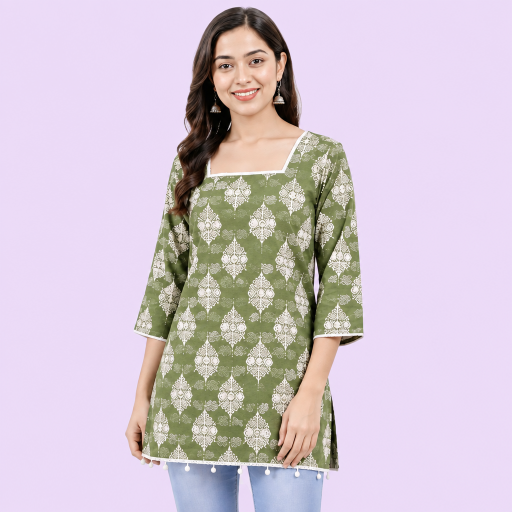 Women’s Sage Green Printed Cotton Kurti | Free Size 3/4 Sleeve Casual KurtaWomen’s Sage Green Printed Cotton Kurti | Free Size 3/4 Sleeve Casual Kurta