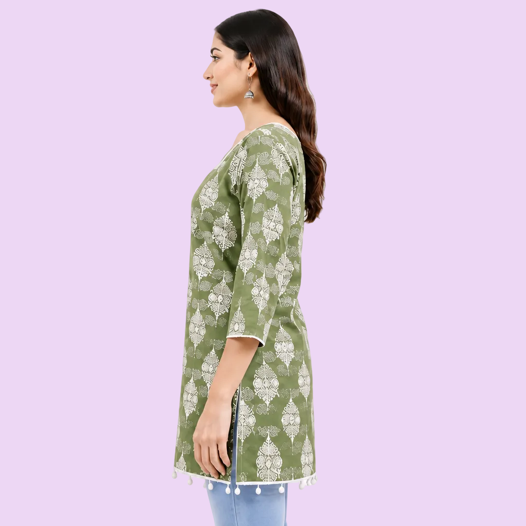 Women’s Sage Green Printed Cotton Kurti | Free Size 3/4 Sleeve Casual KurtaWomen’s Sage Green Printed Cotton Kurti | Free Size 3/4 Sleeve Casual Kurta
