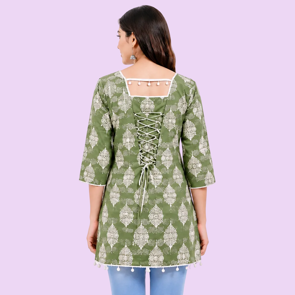 Women’s Sage Green Printed Cotton Kurti | Free Size 3/4 Sleeve Casual KurtaWomen’s Sage Green Printed Cotton Kurti | Free Size 3/4 Sleeve Casual Kurta