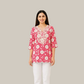 Women's Pink Floral Printed Cotton Short Kurti with Embroidered Yoke, Free Size Casual Daily Wear Tunic Top