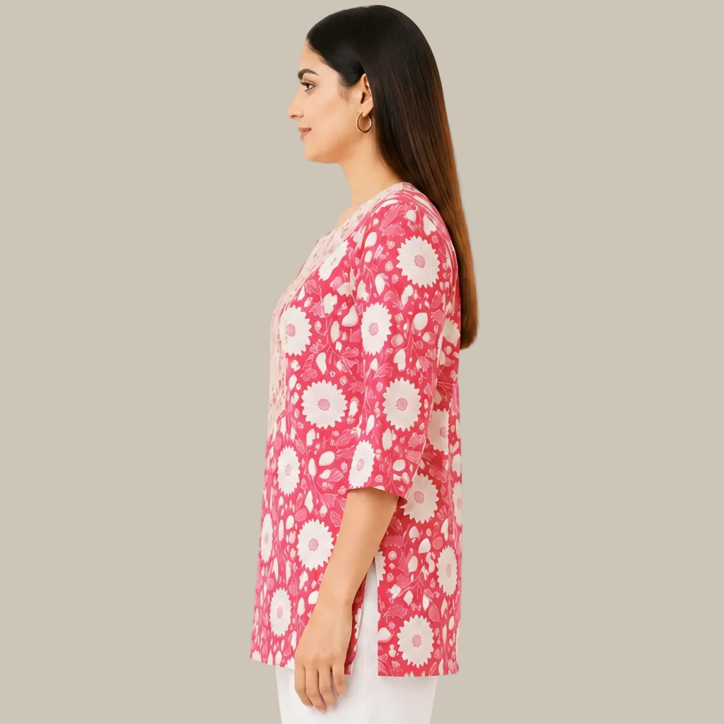 A woman shown in side profile wearing a pink tunic top with a white floral pattern, photographed against a plain light gray studio background.