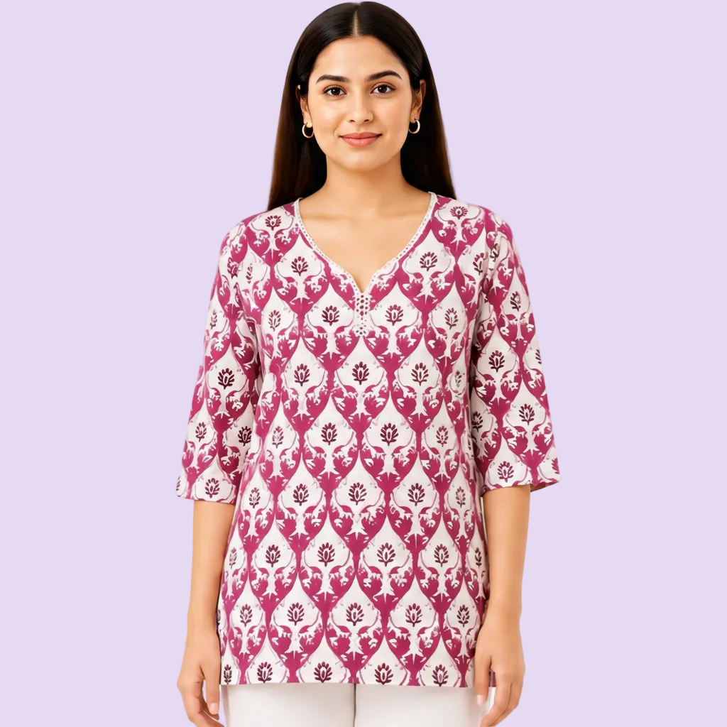 Women's Pink Floral Printed Cotton Short Kurti with Split Round Neck, Free Size Casual Daily Wear Tunic Top