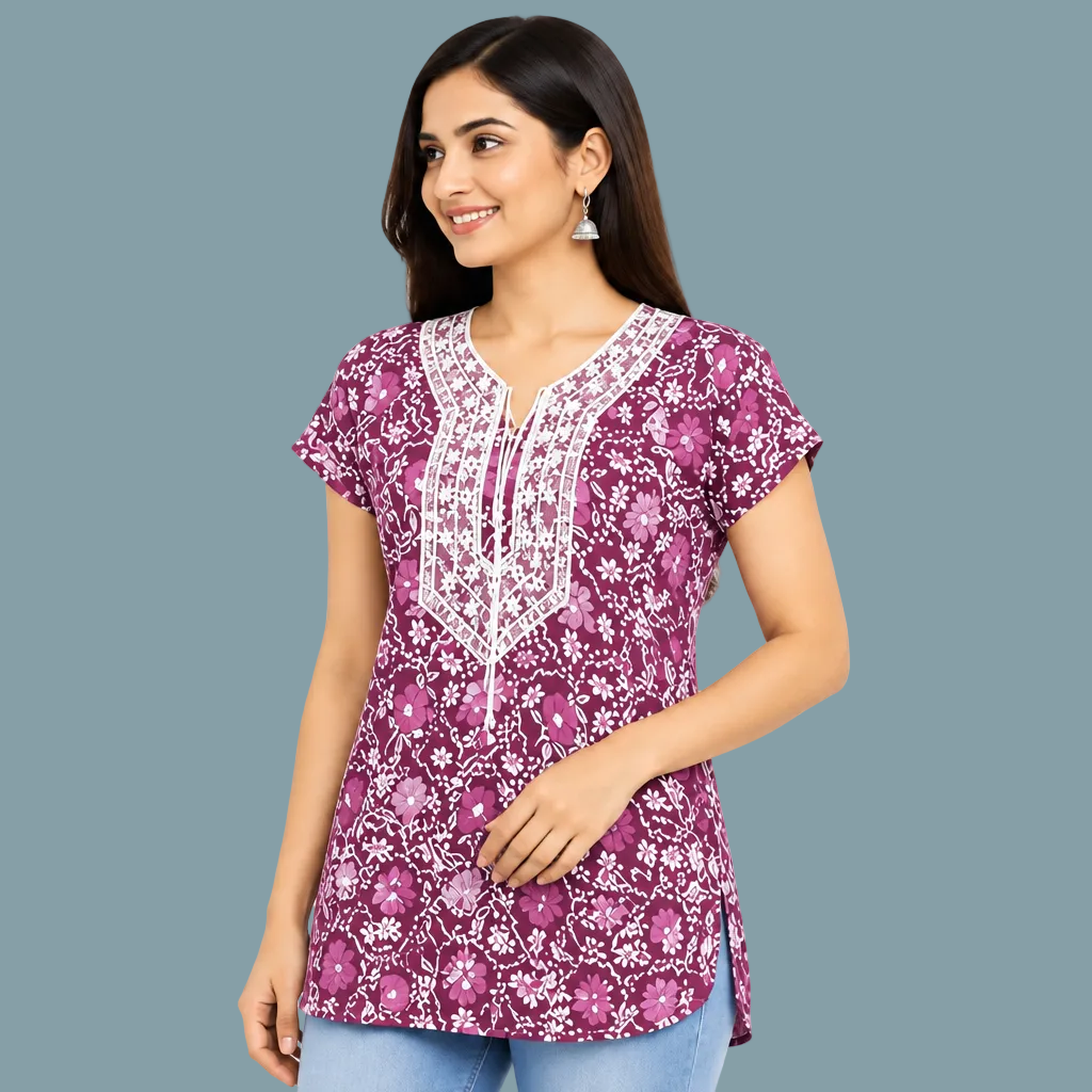 Women’s Purple Floral Printed Top with Embroidered-Style Front Detail