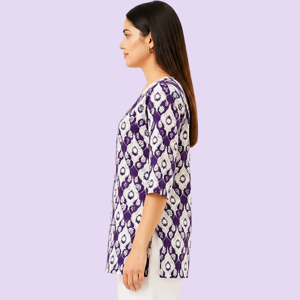 Women's Purple Floral Printed Cotton Short Kurti with V-Neck, Free Size Casual Daily Wear Tunic Top