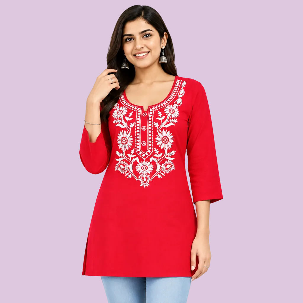 Women’s red embroidered straight kurti with floral ethnic design and 3/4 sleeves