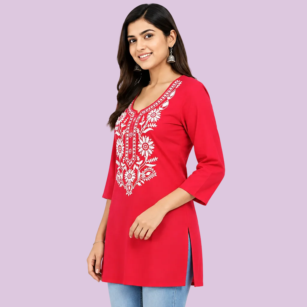 Women’s Red Embroidered-Style Kurti with Floral Front Design